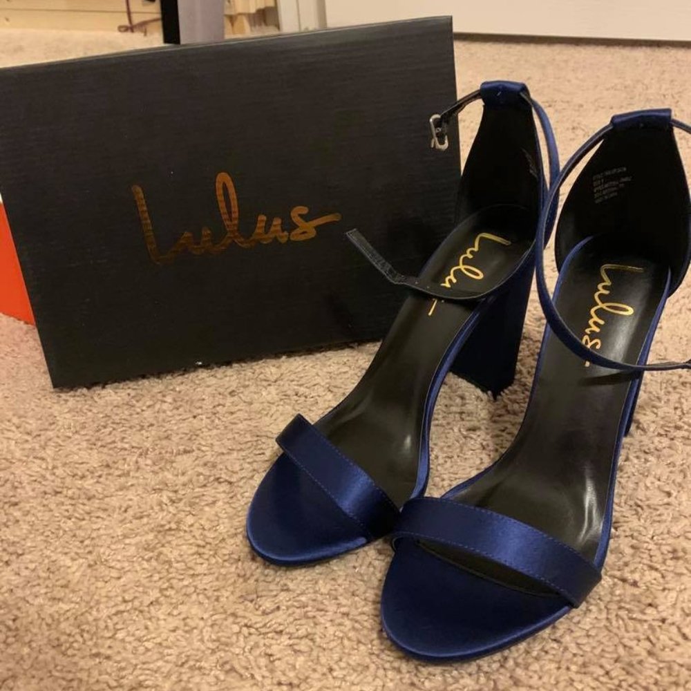 Blue satin block heels